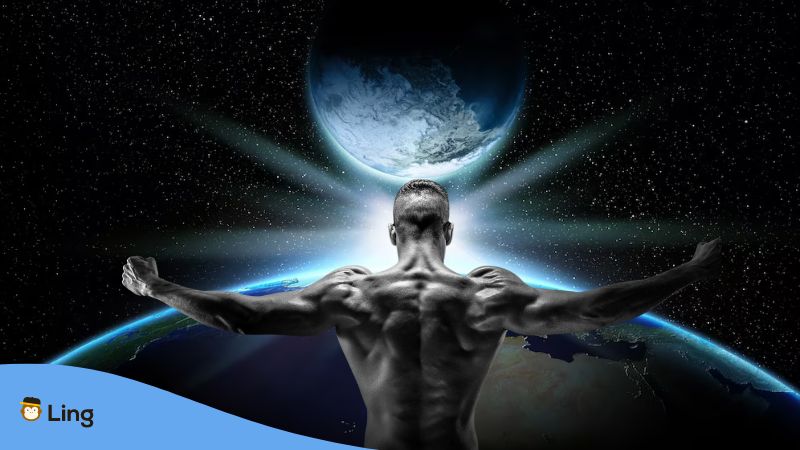 A strong man in the universe flexing his back muscles looking at Earth.