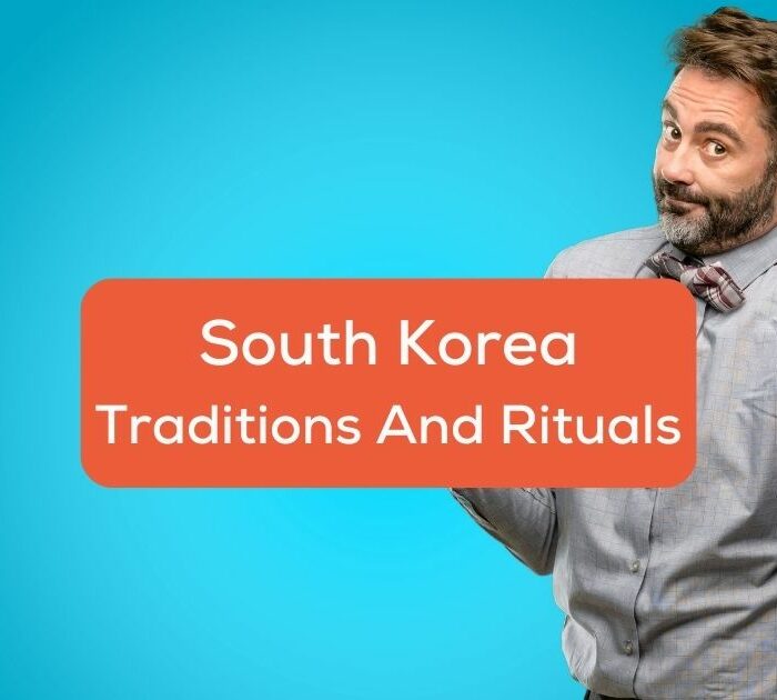 A photo of a man with wide open arms behind the South Korea traditions and rituals texts.