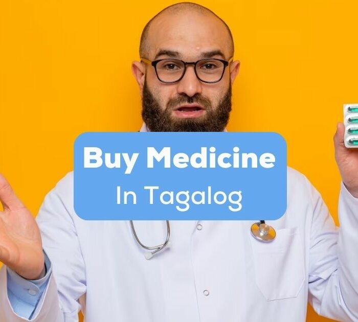 buy-medicine-in-tagalog-ling-app - A photo of a male doctor holding a green pill behind the buy medicine in Tagalog texts.