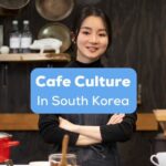 A female Korean barista inside a cafe behind the cafe culture in South Korea texts.