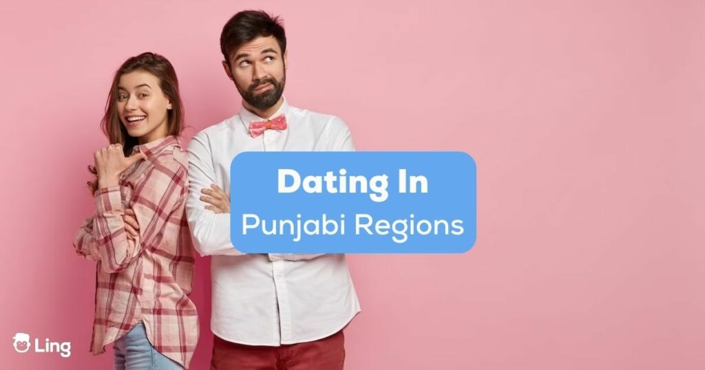 A photo of a young couple wearing colorful clothes behind the dating in Punjabi regions texts.