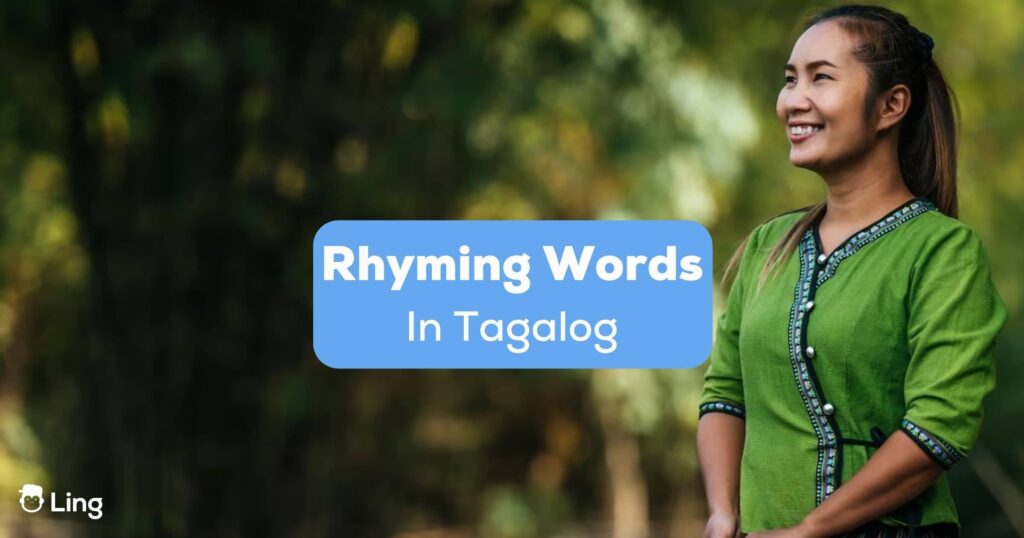 An Asian girl in green traditional clothes beside the rhyming words in Tagalog texts.