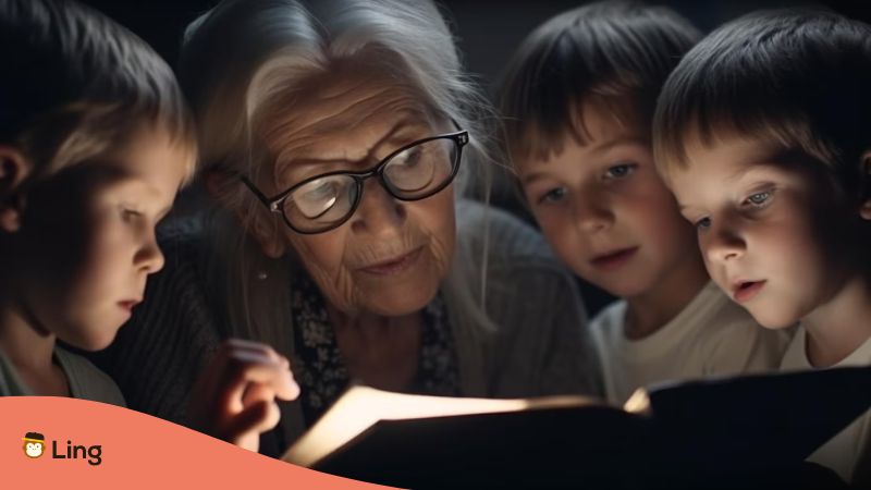 A photo of a grandmother with her grandchildren in a dark room reading Punjabi region urban legends.
