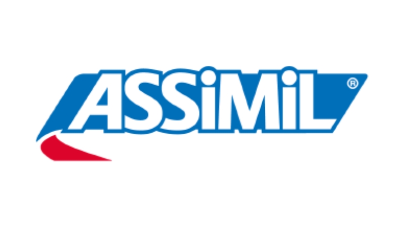 A photo of Assimil's logo with a blue, white, and red color.
