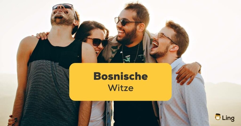 4 Freunde stehen zusammen und lachen über bosnische Witze