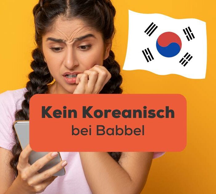 Frau schaut frustriert auf ihr Handy, weil sie kein Koreanisch auf Babbel finden kann, aber hat mit der Ling-App eine fantastische Alternative gefunden