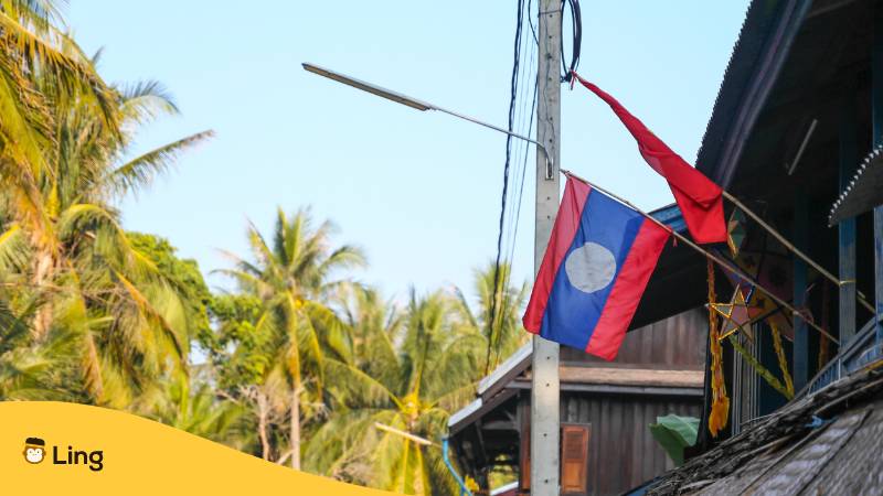 Laotische Flagge an Holzhaus befestigt gegenüber von Palmen