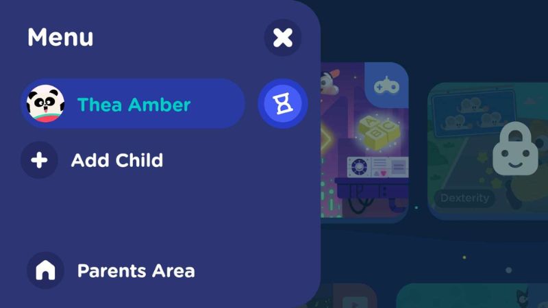 A photo of Lingokids app menu showing the Parents Area for the Lingokids review.