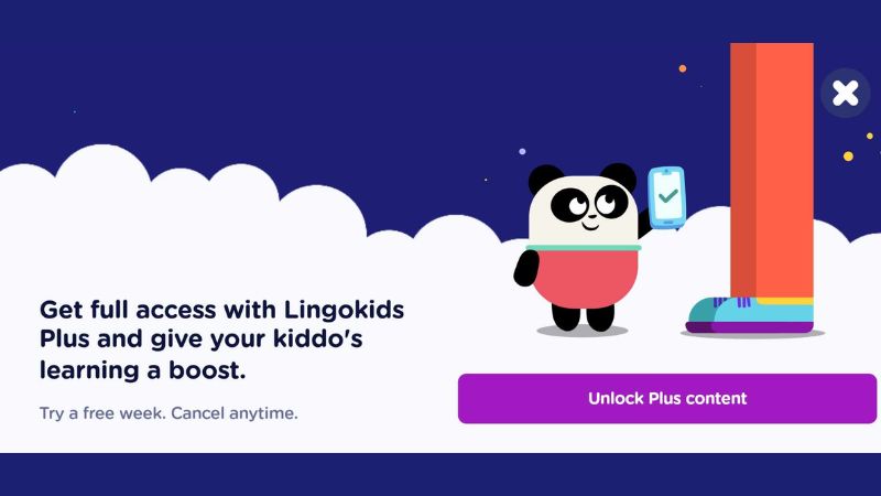 A photo of Lingokids' unlock plus content page with a cartoony panda holding a phone.
