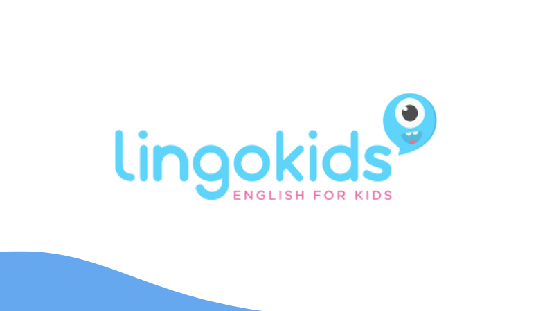 A logo of Lingokids with English for kids texts and a bubble eye.