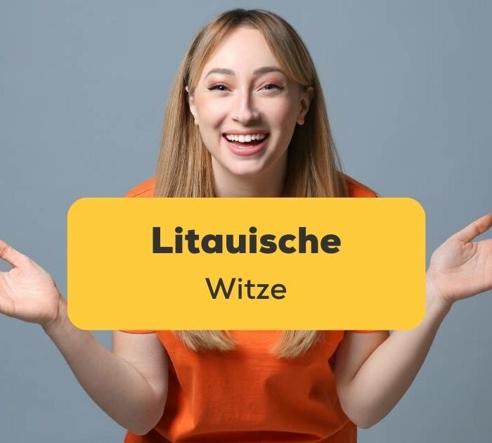 Junge litauische Frau reagiert freudig auf litauische Witze aus der Ling-App