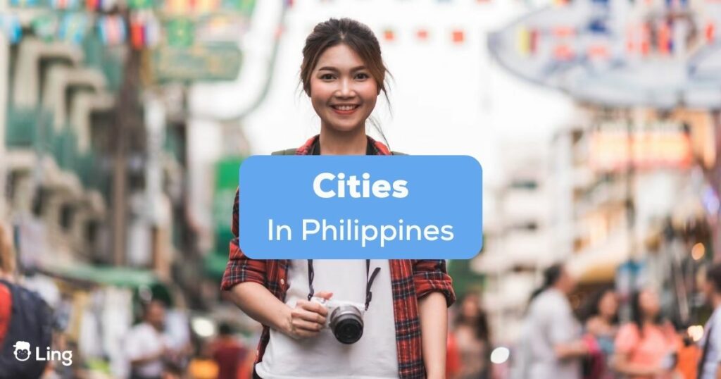 A female tourist in a busy street holding a camera behind the cities in Philippines texts.