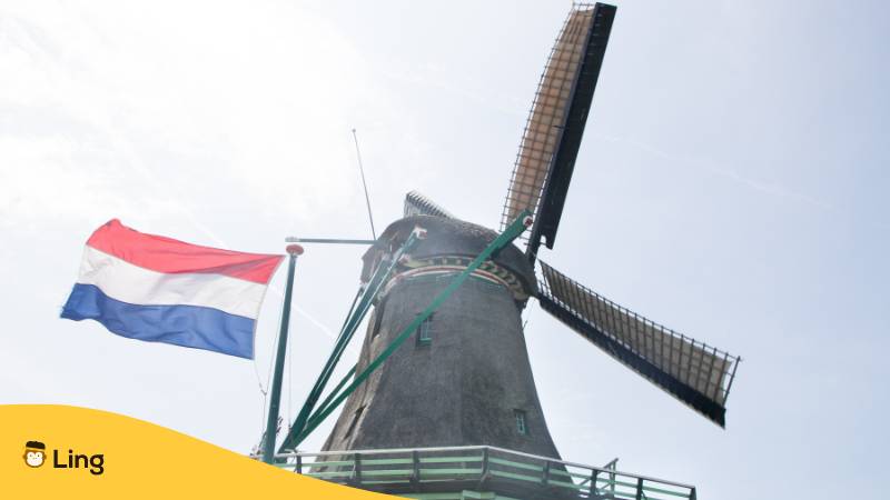Die niederländische Flagge vor alter niederländischer Mühle von Beitrag aus Ling App