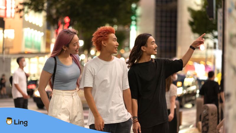 A photo of young adults with a Hong Kong Cantonese accent strolling in the city center.