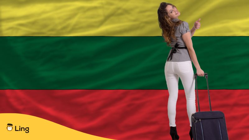 Woman standing with the Lithuanian flag as background