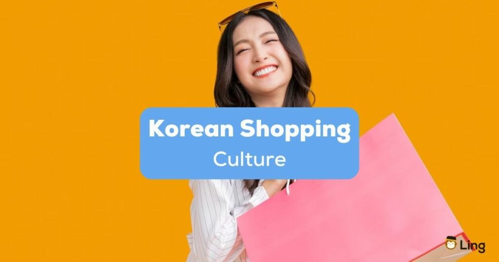 A photo of a smiling female shopper carrying a pink paper bag behind the Korean Shopping Culture texts.