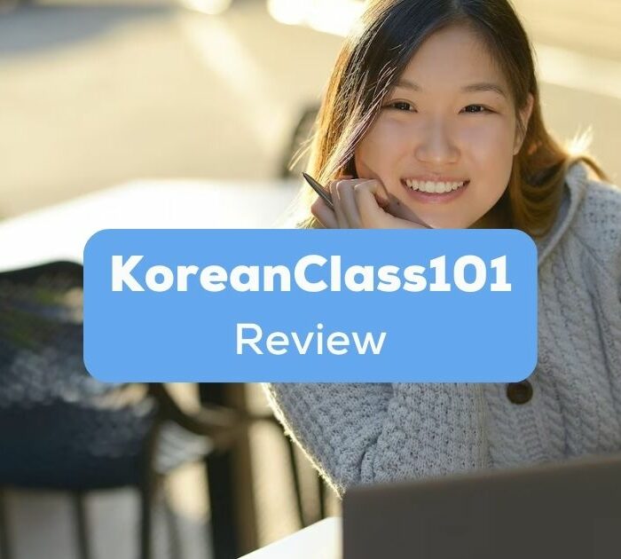 A photo of a female Korean teacher sitting on a table outside behind the KoreanClass101 review texts.