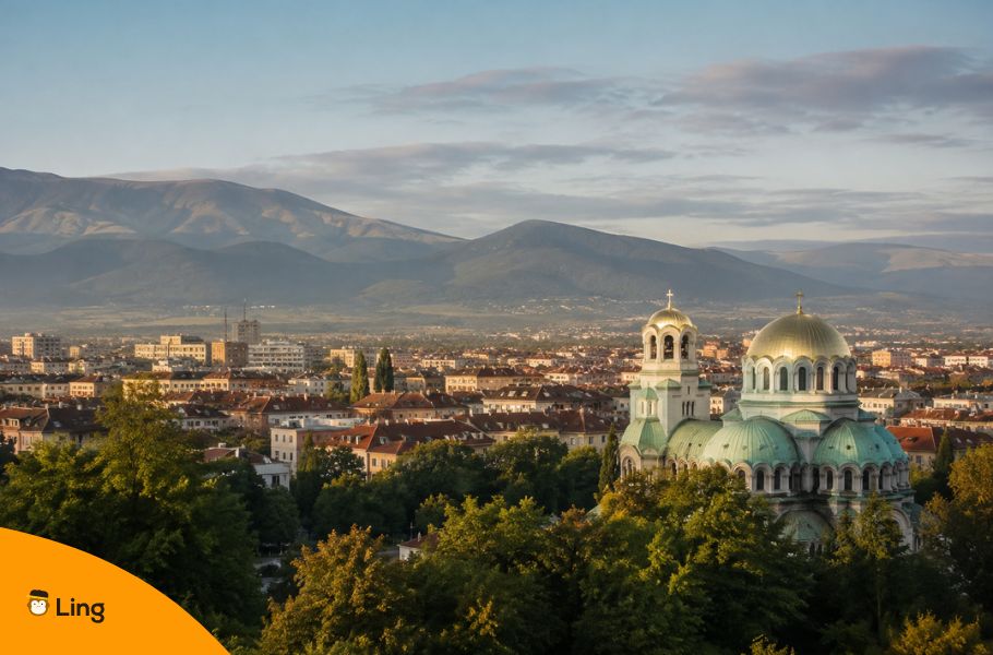 Orthodox Cathedral Overlooking Mountain City - Saint Alexander Nevsky Cathedral In Sofia, Bulgaria.
