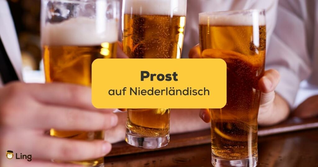 Prost auf Niederländisch mit der Ling-App drei Niederländische Biergläser werden angestoßen