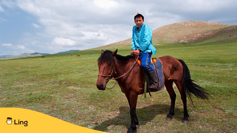 Mongolischer Reiter auf einem Pferd 