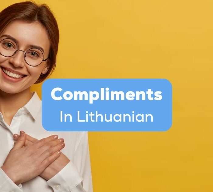 A photo of a smiling lady beside the Compliments in Lithuanian texts.