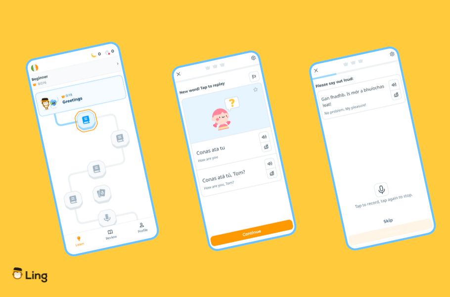 Screenshots Of The Ling App's Irish Course