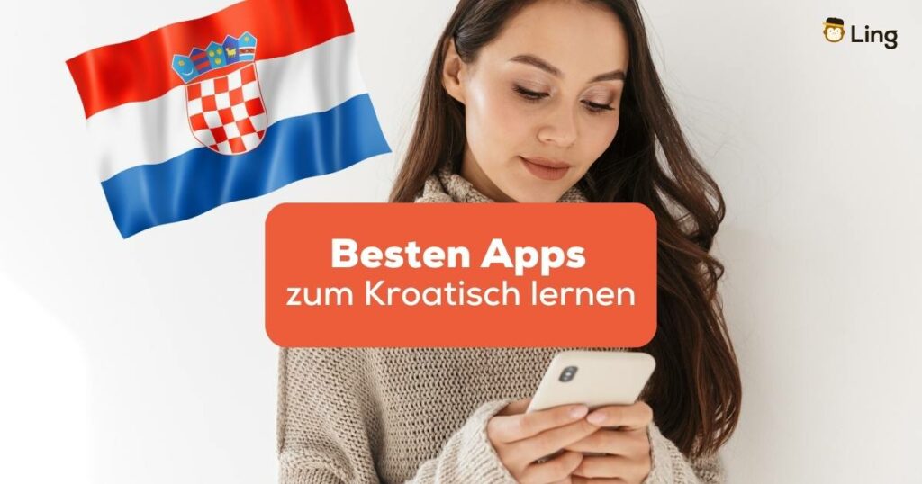 Brünette Frau schaut in ihr Handy und schaut nach den besten Apps zum Kroatisch lernen mit der Ling-App