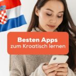 Brünette Frau schaut in ihr Handy und schaut nach den besten Apps zum Kroatisch lernen mit der Ling-App