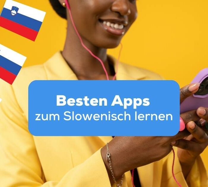 Frau recherchiert am Handy nach den genialsten Apps zum Slowenisch lernen mit der Ling-App