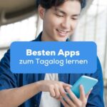 Asiatischer Mann liest auf dem Smartphone über die besten Apps zum Tagalog lernen mit der Ling-App