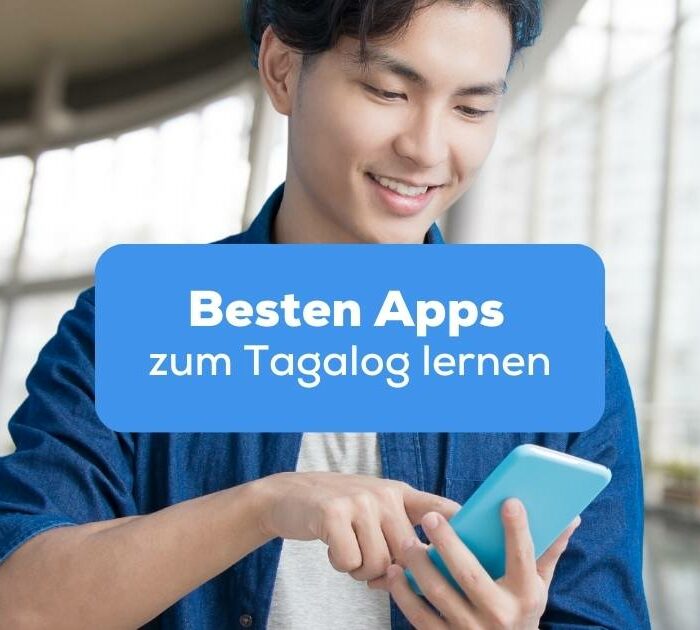 Asiatischer Mann liest auf dem Smartphone über die besten Apps zum Tagalog lernen mit der Ling-App
