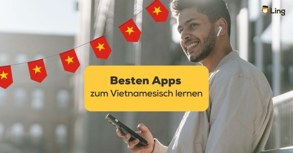 Mann hat Handy in der Hand und sucht besten Apps zum Vietnamesisch lernen mit der Ling-App