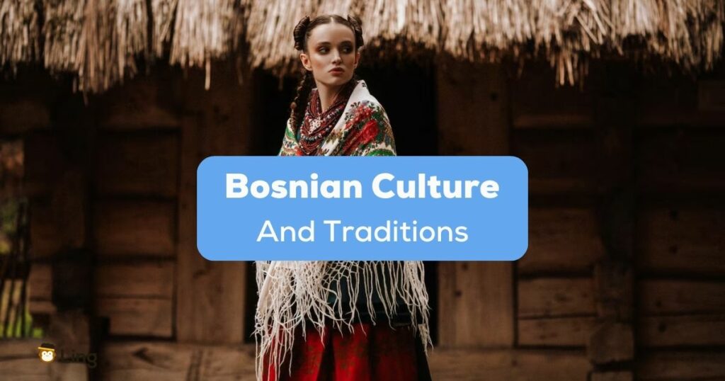 A photo of a Bosnian female wearing a traditonal dress behind the Bosnian Culture And Traditions texts.