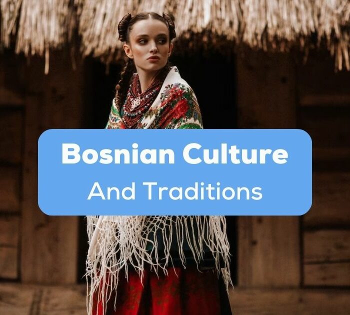 A photo of a Bosnian female wearing a traditonal dress behind the Bosnian Culture And Traditions texts.