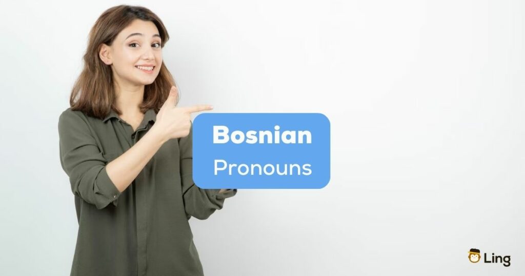 A photo of a smiling girl pointing to Bosnian Pronouns texts.