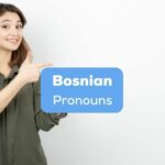 A photo of a smiling girl pointing to Bosnian Pronouns texts.