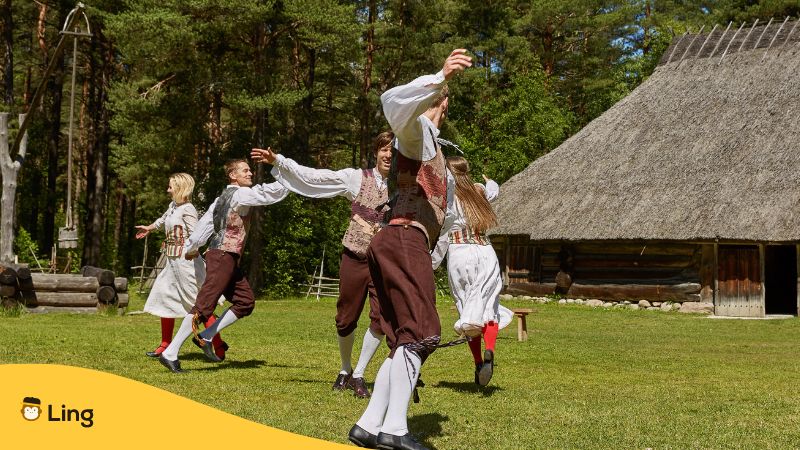 estonians in traditional attire are dancing and merry making