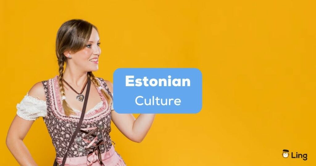 A photo of a female wearing traditional dress beside the Estonian Culture texts.
