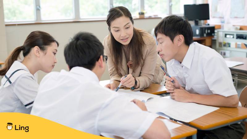 Chinesische Schüler lernen gemeinsam im Klassenzimmer mit der Lehrerin grundlegende Verben und Handlungen auf Kantonesisch auszudrücken