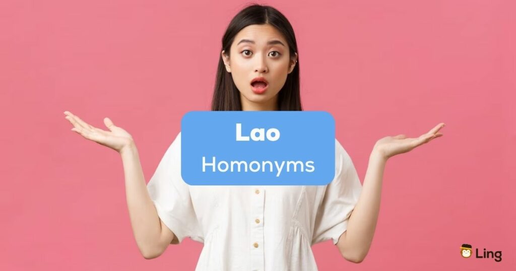 A photo of a confused Asian girl behind the Lao Homonyms texts.