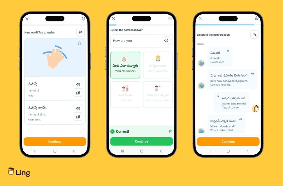 Screenshots Of The Ling App's Features For Telugu