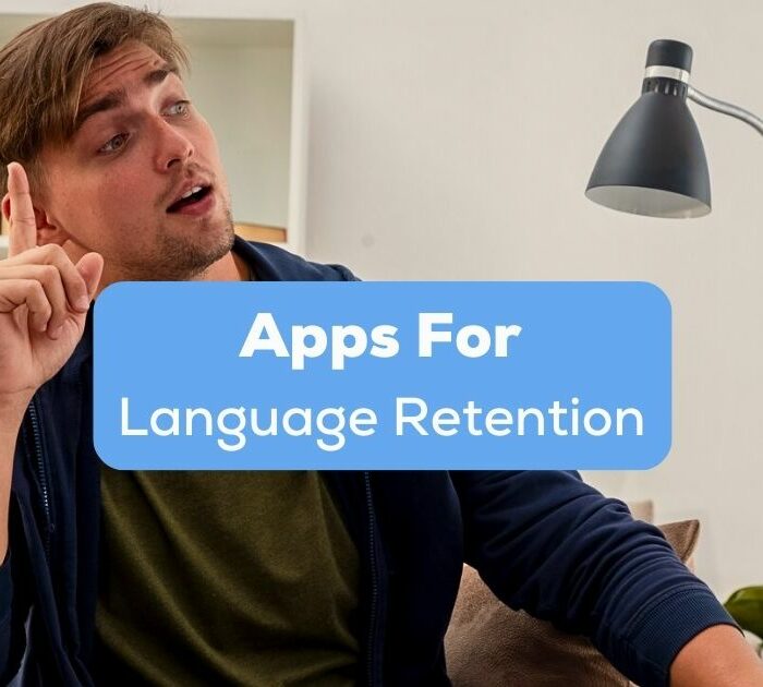 A photo of a man pointing his index finger up behind the Apps For Language Retention texts.