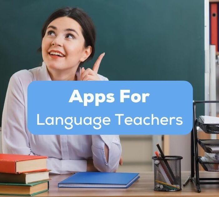 A photo of a female teacher inside her classroom behind the Apps For Language Teachers texts.