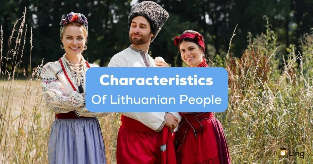 A photo of Lithuanians on a grass field behind the Characteristics of Lithuanian People texts.