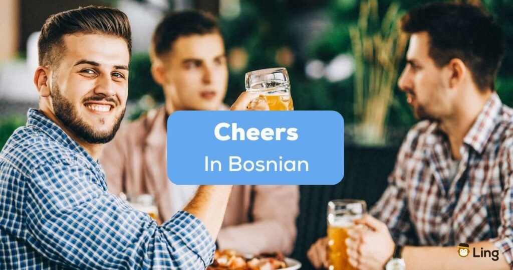 A photo of a European man with his friends drinking beer behind the Cheers in Bosnian texts.