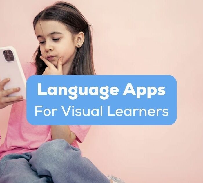 A photo of a girl using her iphone behind the Language Apps For Visual Learners texts.