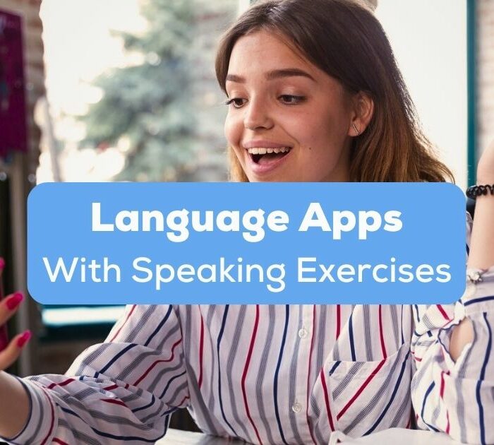 A photo of a talking female using her phone behind the Language Apps With Speaking Exercises texts.