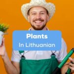 A photo of a smiling man holding a plant and a grass cutter behind the Plants In Lithuanian texts.