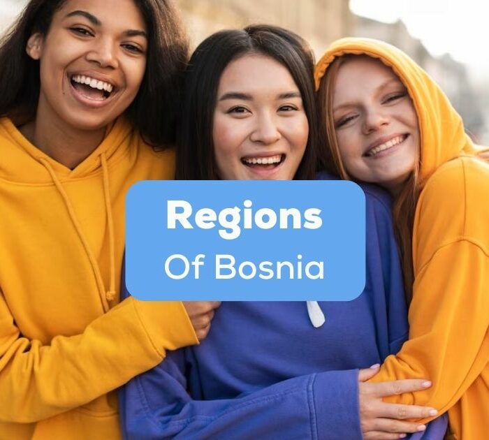 A photo of three girls with different races behind the Regions Of Bosnia texts.