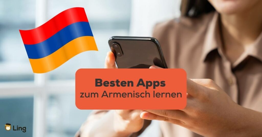 Frau hält Handy in der Hand uns sucht nach der besten App zum Armenisch lernen mit der Ling-App